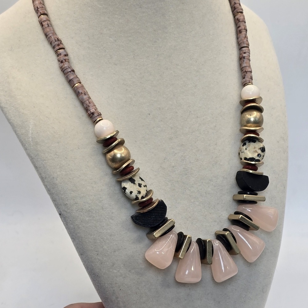 Boho Statement Necklace Rose Quartz‎ Dalmatian Jasper Mixed Media 18–22" - Picture 3 of 9